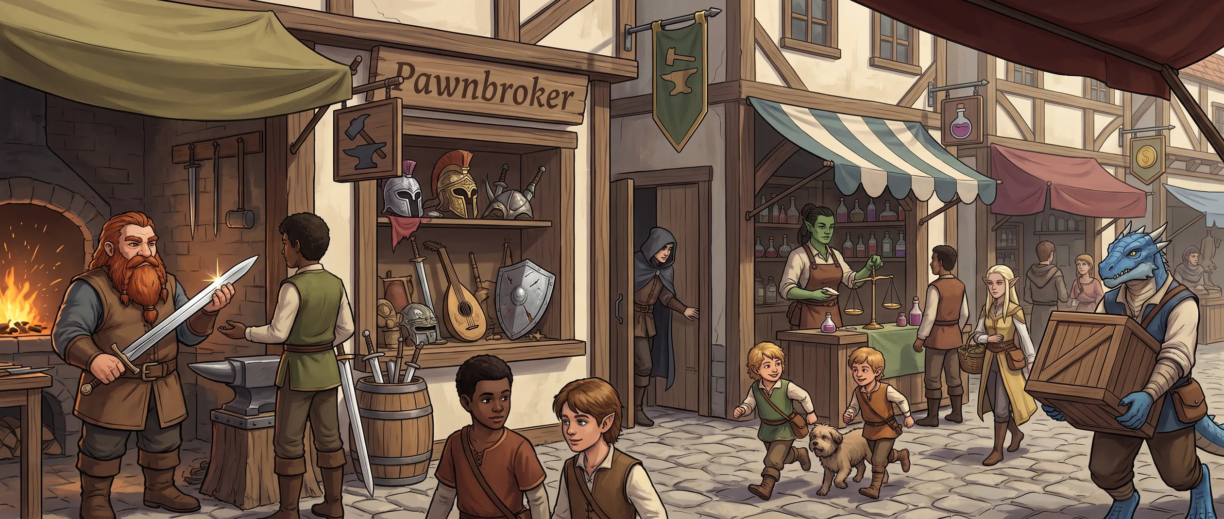 The high market — a smithy, a pawnbroker and a poisoner’s back shelf — the last healing potion is a scene, and the pawnbroker remembers every face