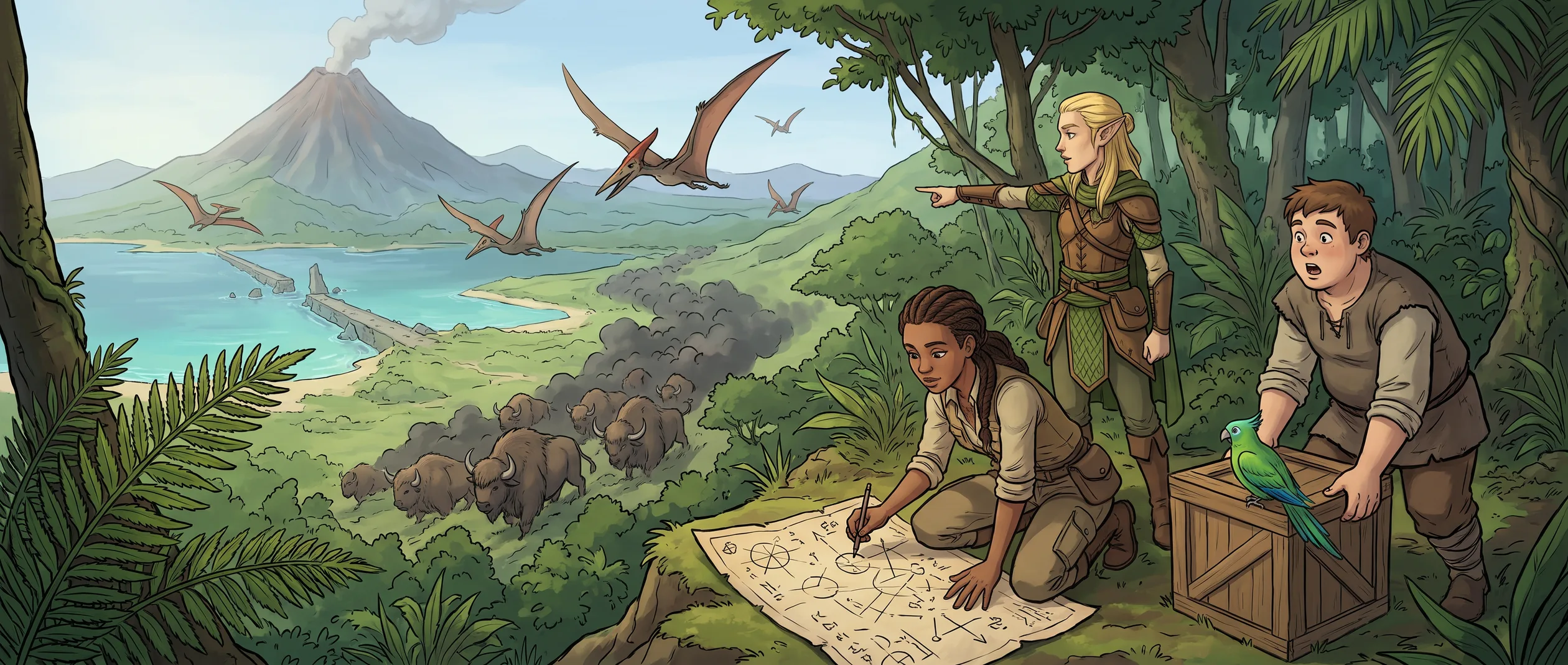 The uncharted isle — a coast no chart carries: the map grows by walking, the great beasts own the valleys — and getting home is half the adventure