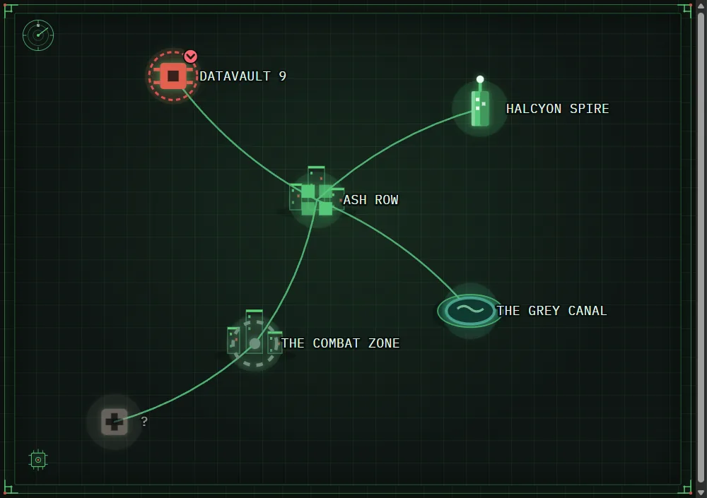The lorewend living map in the Neon Wake world: discovered places joined by the routes between them, where the party stands now, and a place still hidden behind a question mark