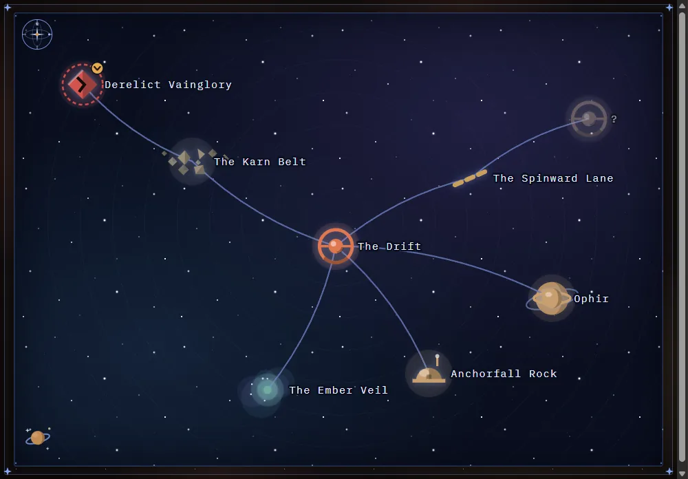 The lorewend living map in the Starfall world: discovered places joined by the routes between them, where the party stands now, and a place still hidden behind a question mark