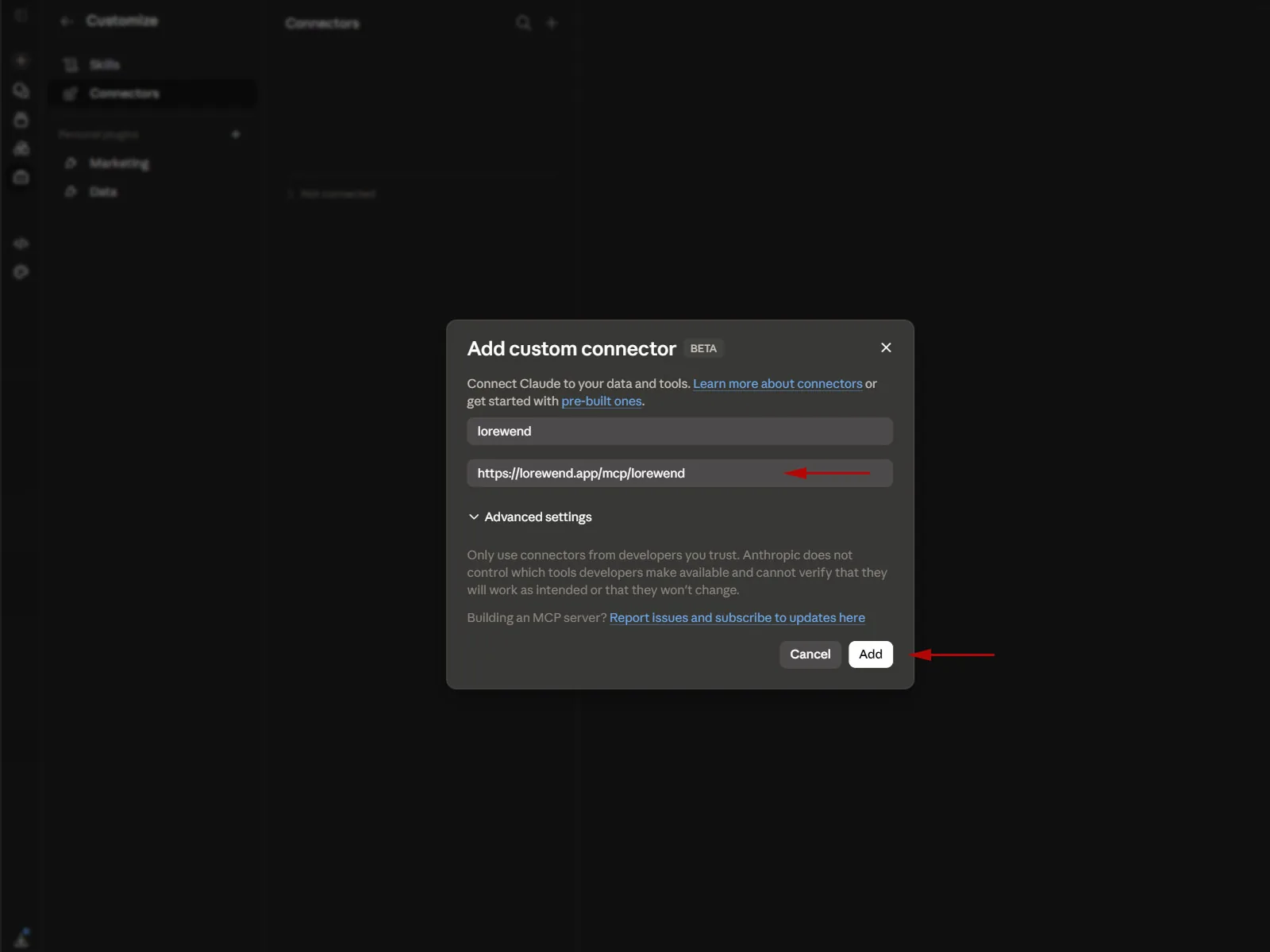 Paste the lorewend URL and confirm