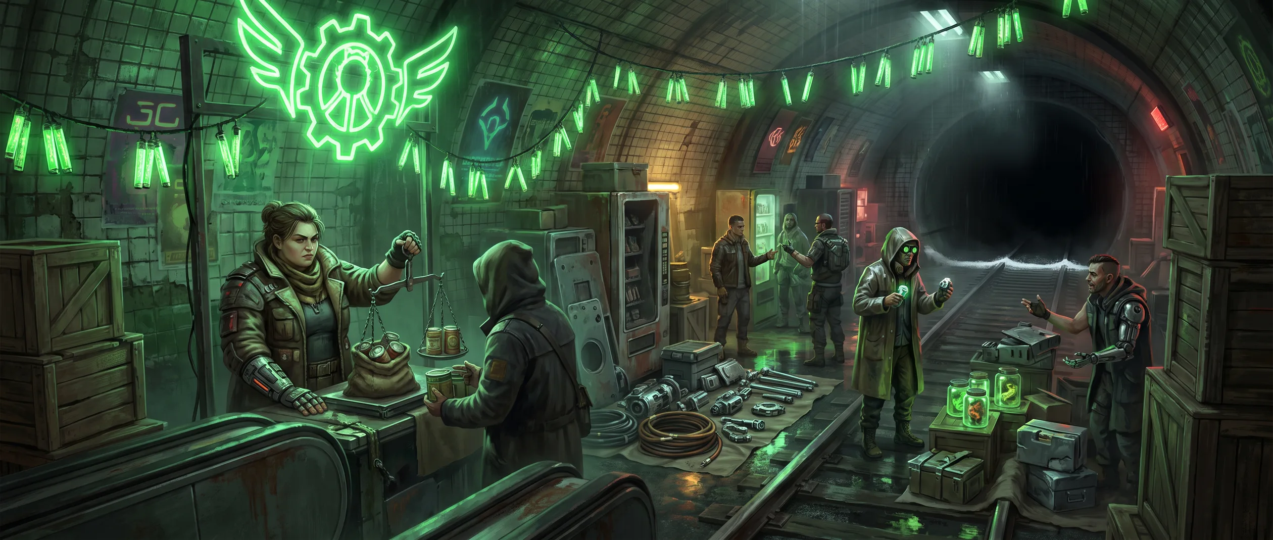 The Angel Market &mdash; a dry-line station of the Drowned Tube turned bazaar &mdash; neutral ground the way a knife drawer is neutral