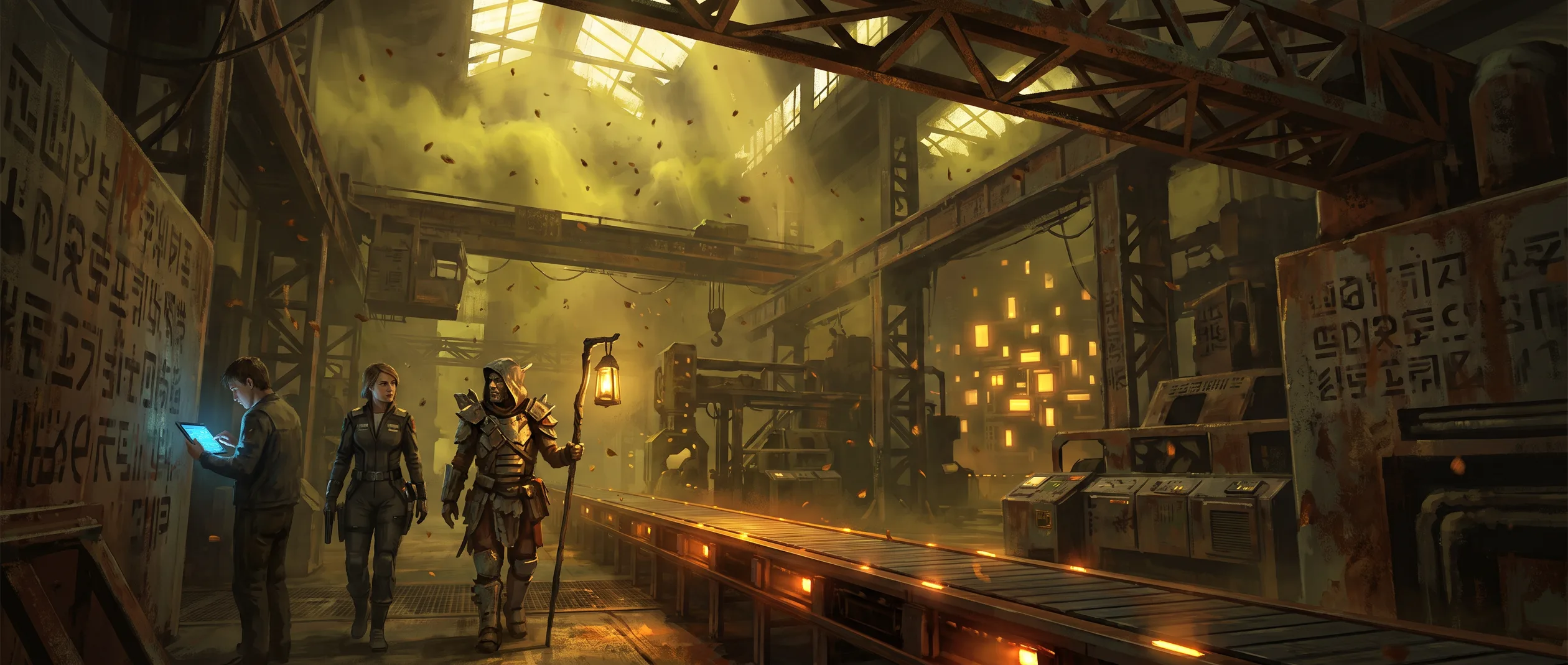 A derelict industrial world &mdash; rust falling like snow indoors, one machine still running somewhere &mdash; and every wall stenciled in a dead language