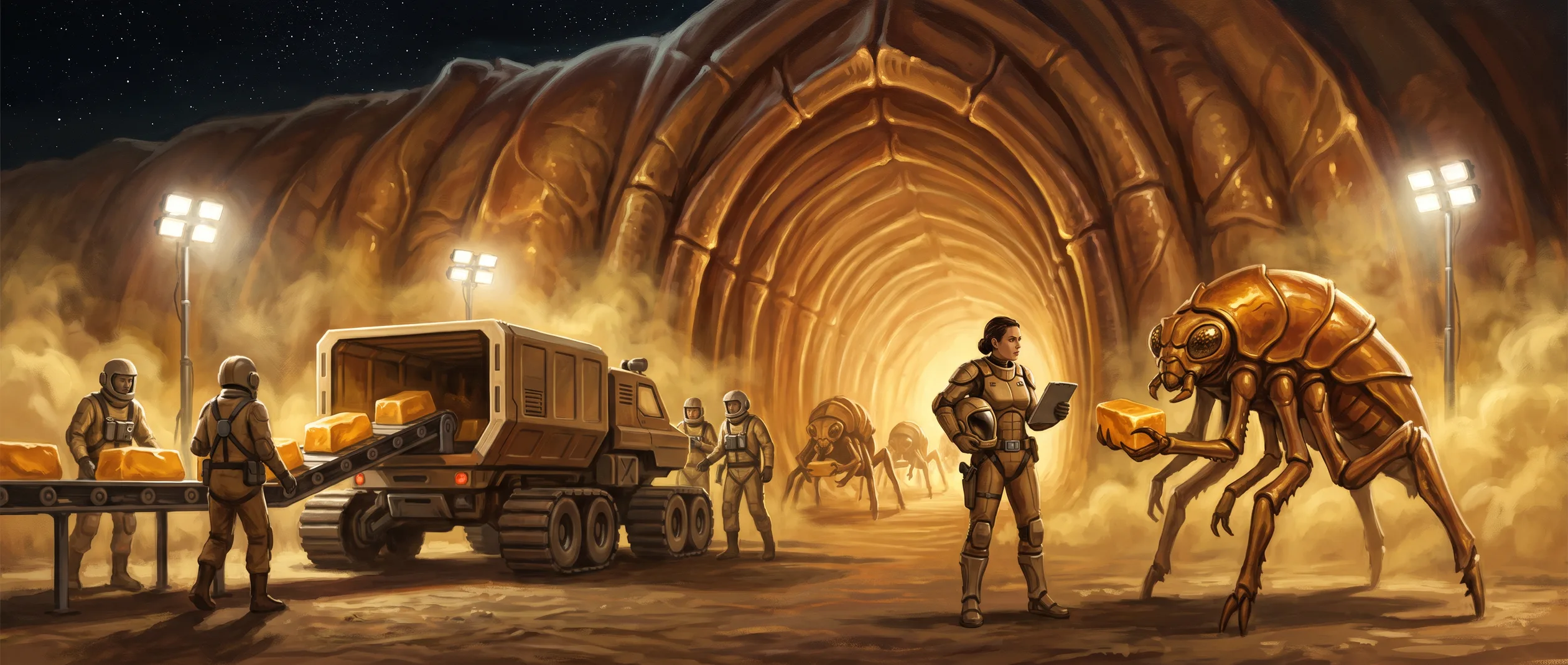 A hive world &mdash; the chitin-scent hits in orbit; tunnels breathing warm air in slow cycles &mdash; and the swarm counting toward a bloom