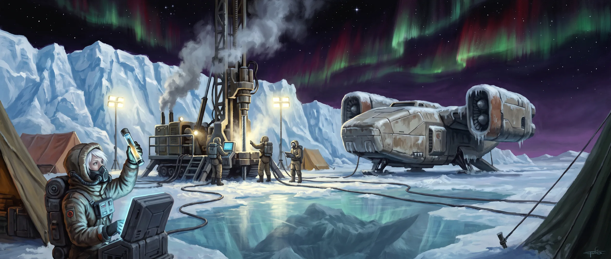An ice vault &mdash; a silence so total the crew hears their own blood, auroras like wounds &mdash; and something vast asleep under the sheet