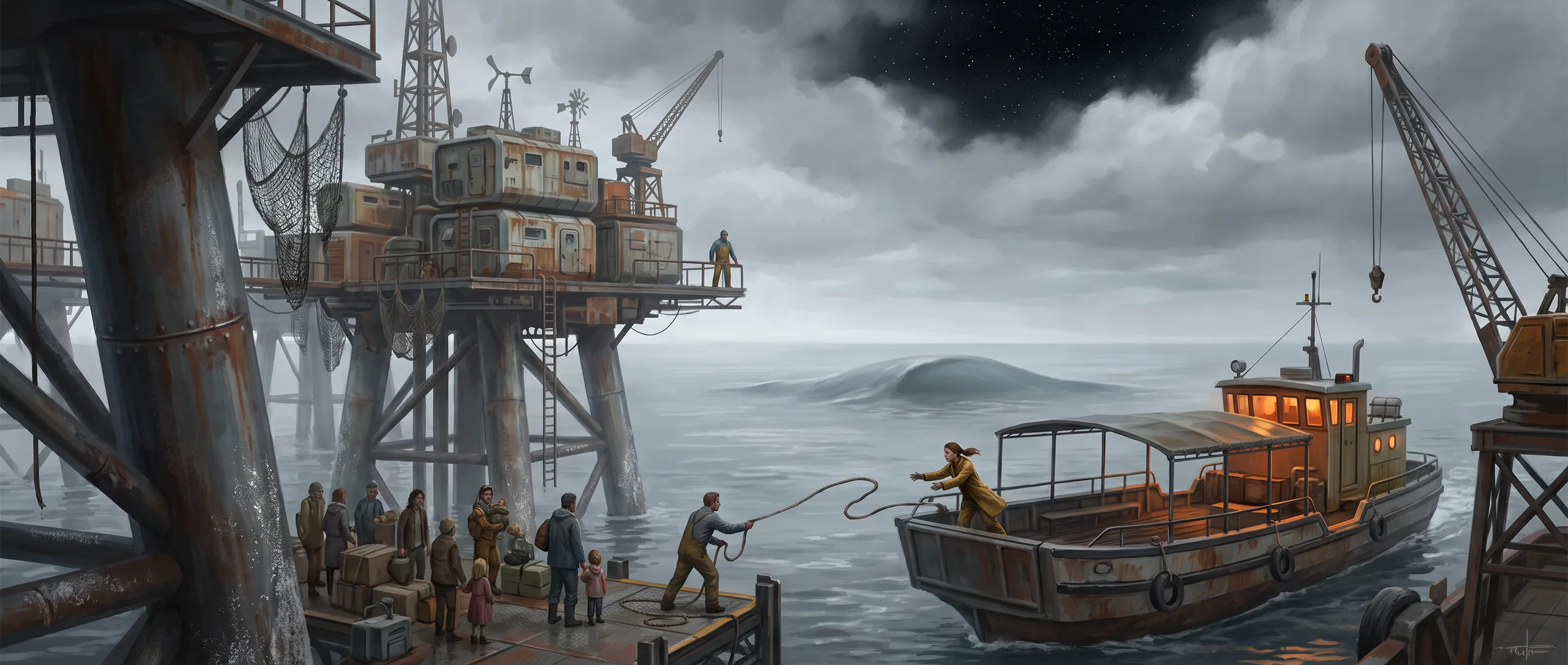 An ocean world &mdash; no horizon line &mdash; sky and sea one grey sheet; rig-platform towns, and tide-choirs below