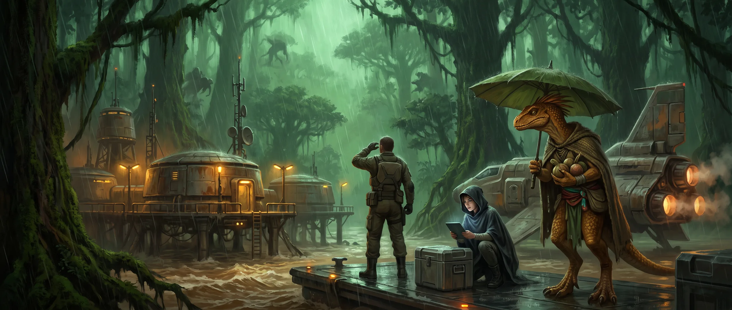 A storm-jungle &mdash; green so thick it eats sound, rain warm as blood &mdash; and something ALWAYS moving in the canopy