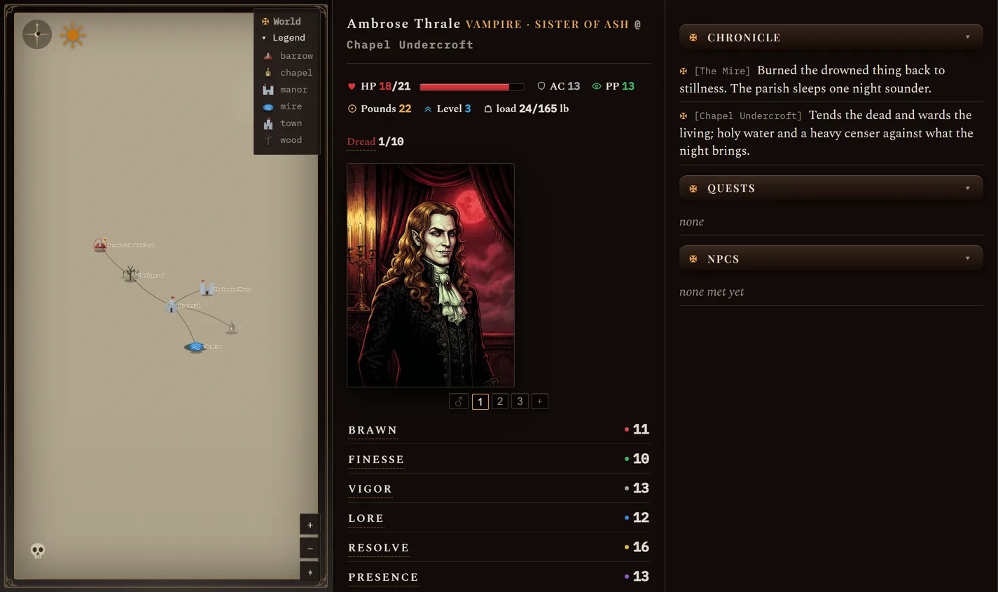 The lorewend companion viewer in the Mournwick gothic-horror style: a map, the hunter sheet, and the journal