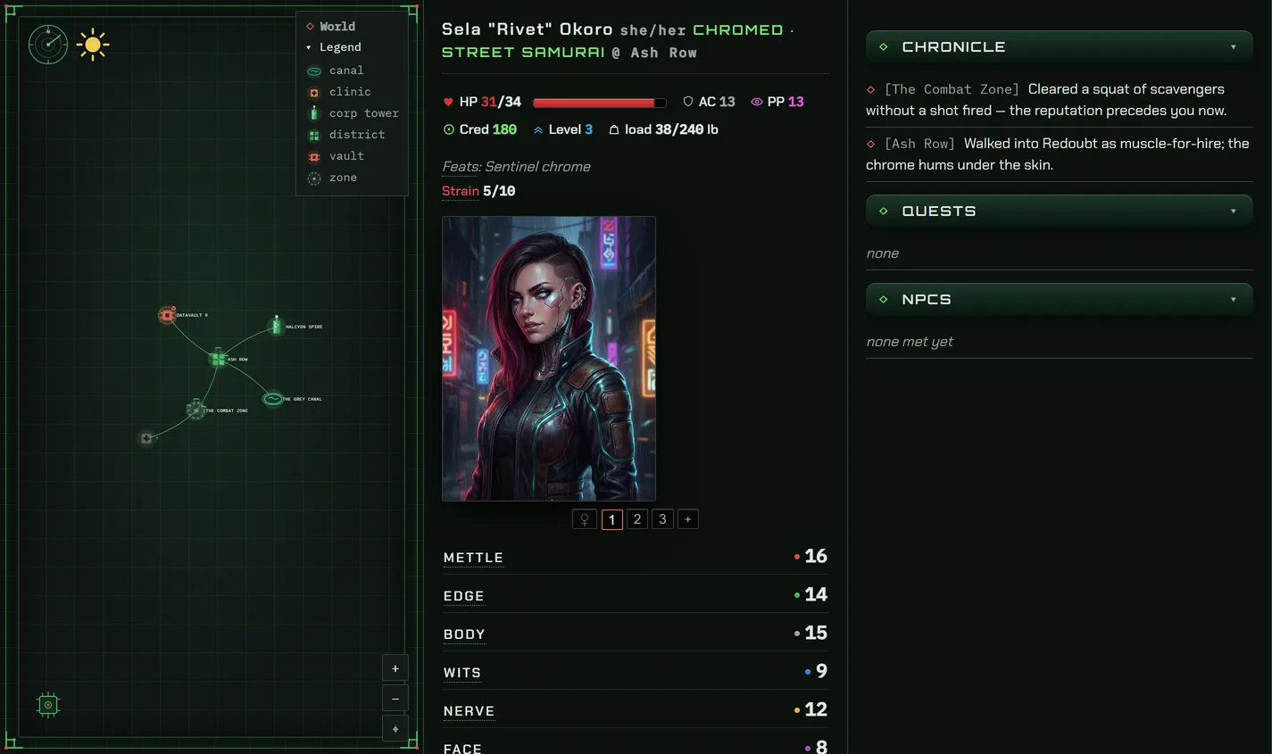 The lorewend companion viewer in the Neon-Wake cyberpunk style: a city map, the runner sheet, and the journal