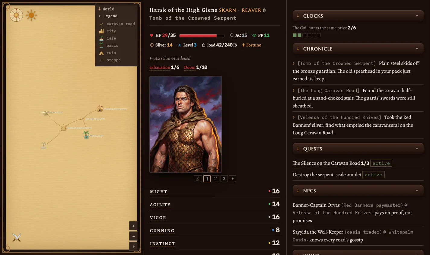 The lorewend companion viewer in the Serpent Throne sword-and-sorcery style: a map, the warrior sheet, and the journal