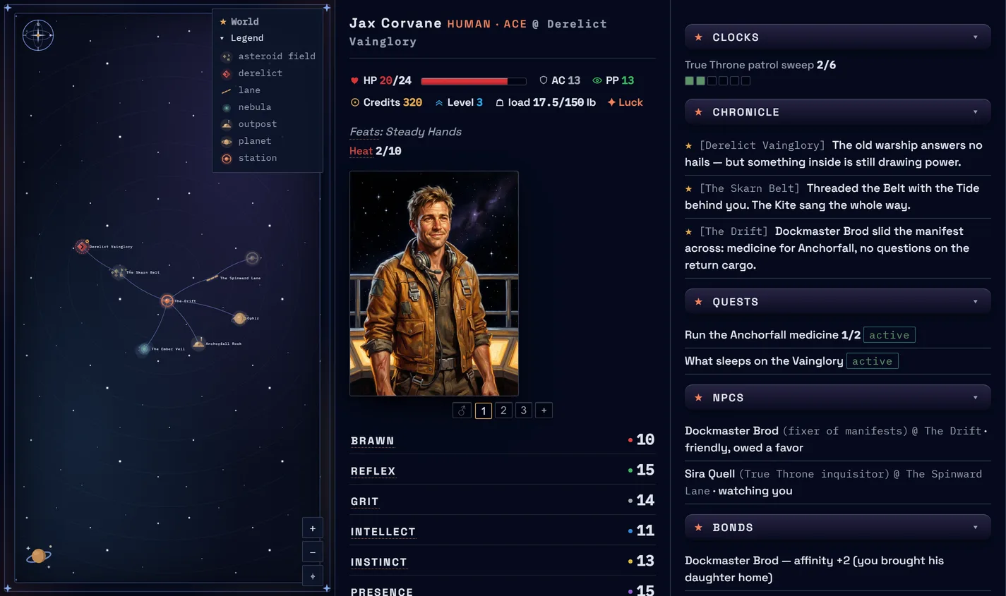 The lorewend companion viewer in the Starfall space-opera style: a starmap, the crew sheet, and the journal