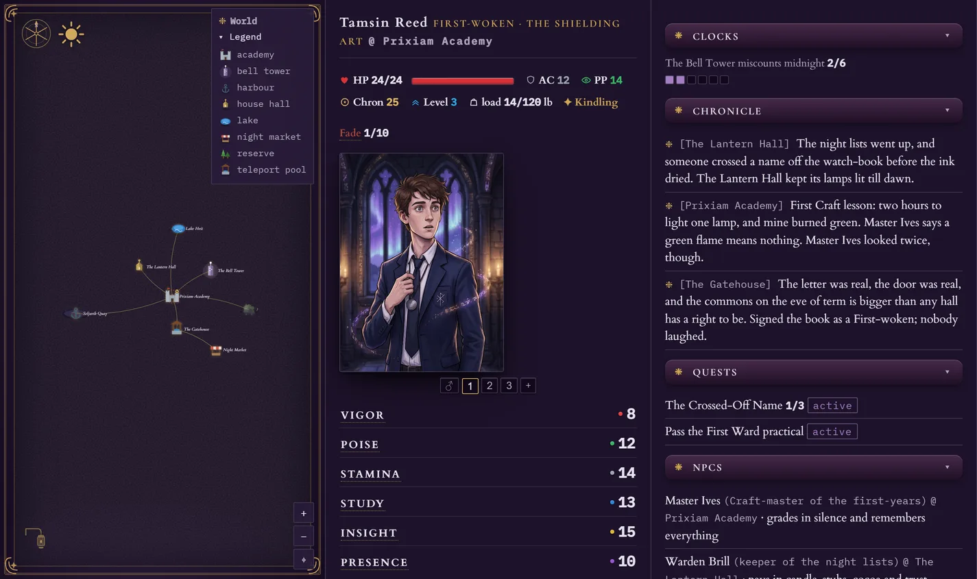 The lorewend companion viewer in The Arcanum style: the academy map, the student sheet, and the journal