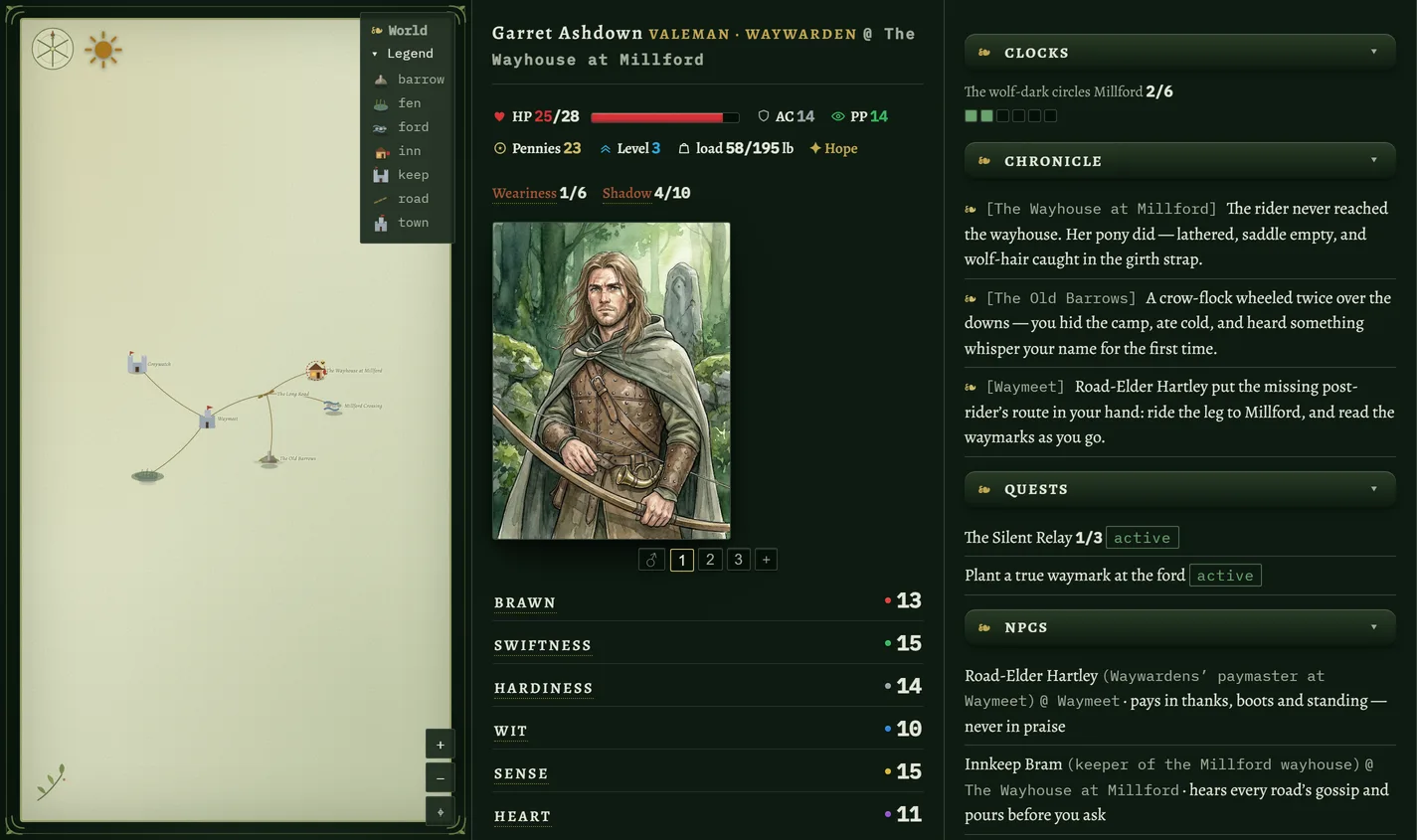 The lorewend companion viewer in The Long Road style: a walker’s watercolor map, the sheet, and the journal