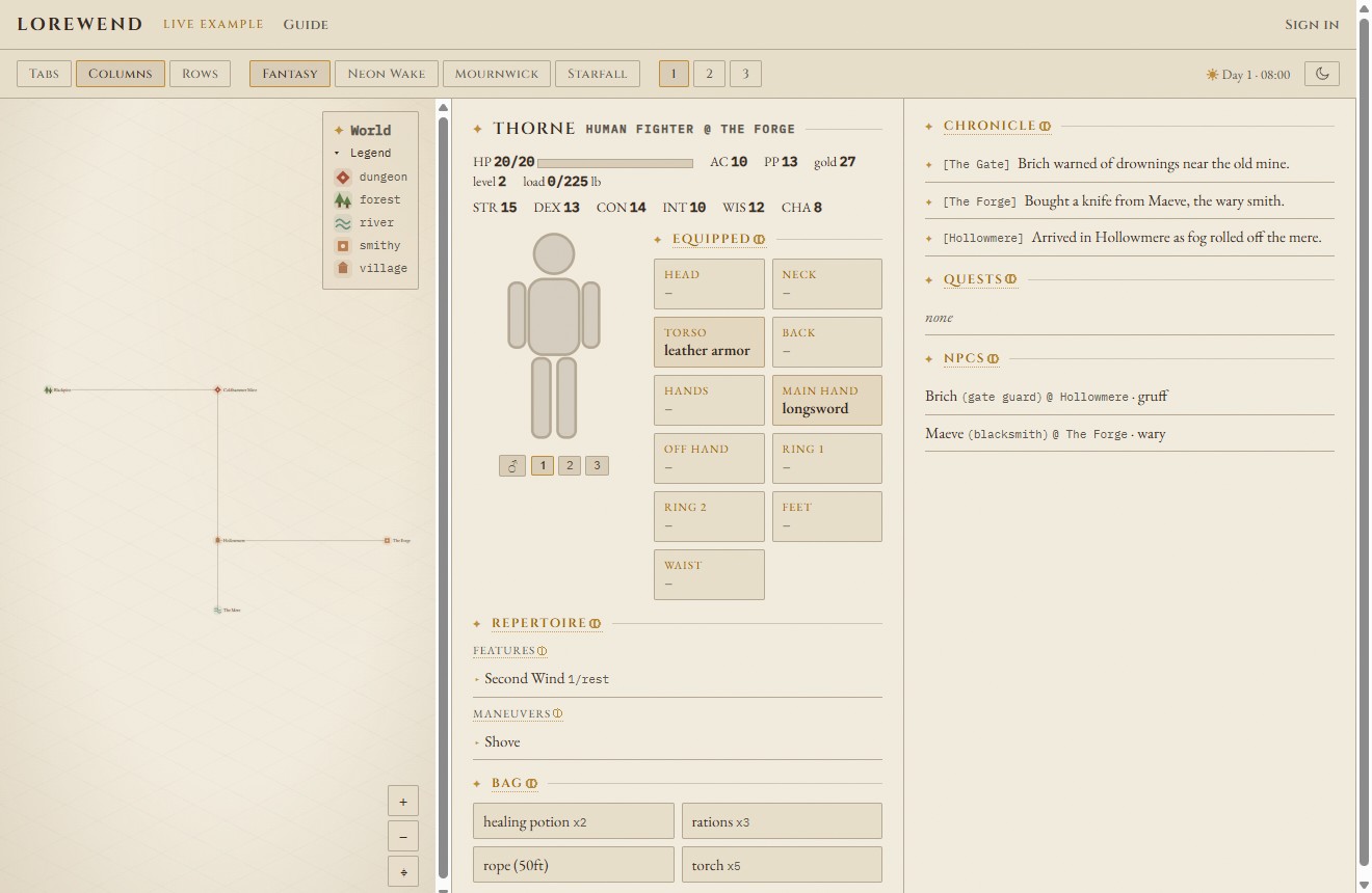 The lorewend companion viewer: a live map, the character sheet, and the journal, side by side