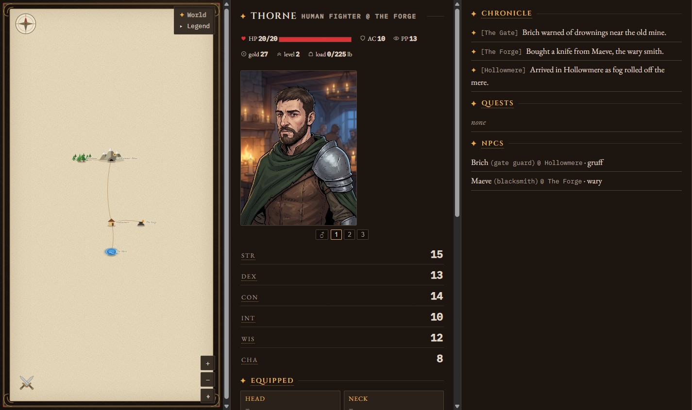 The lorewend companion viewer: a live map, the character sheet, and the journal, side by side