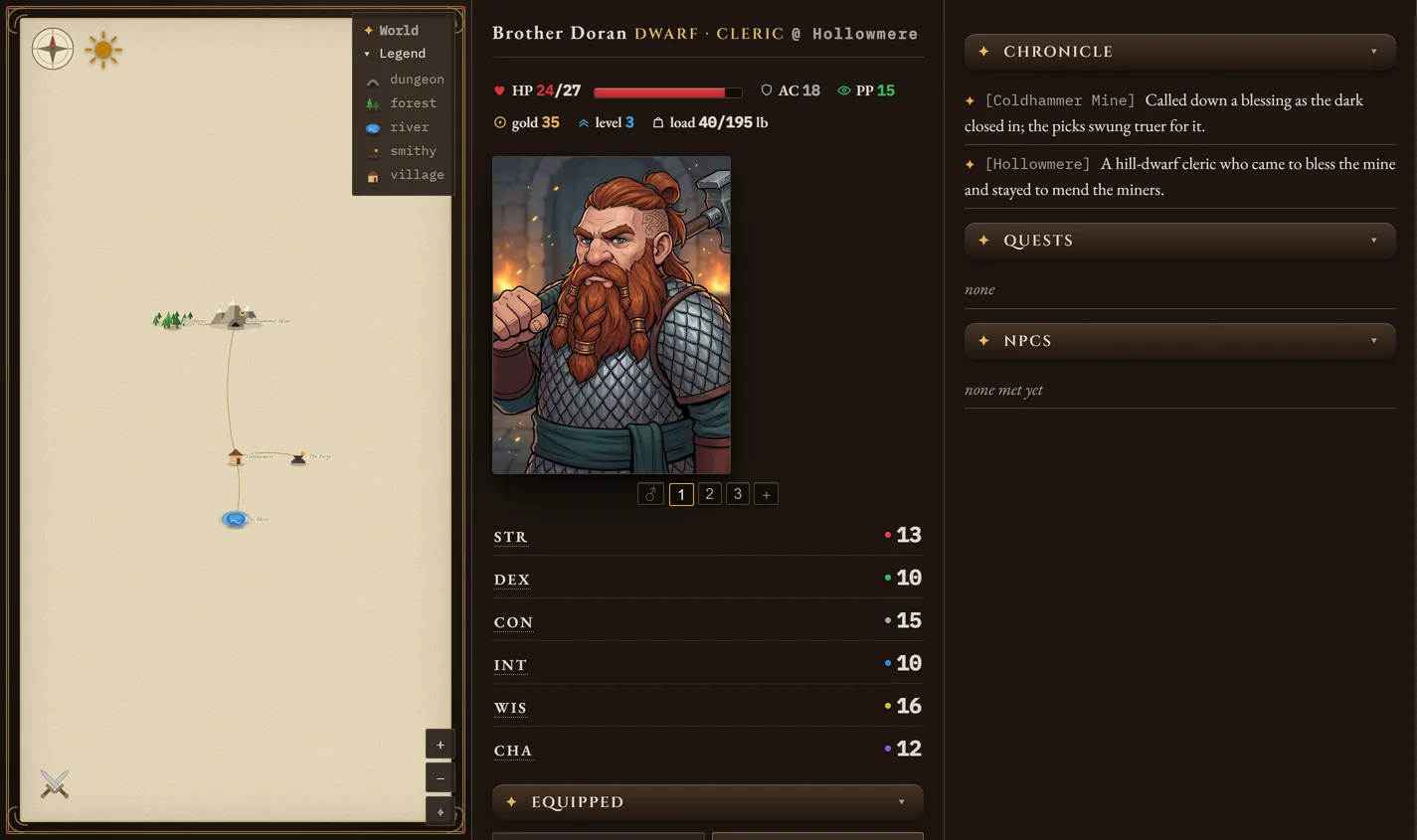 The lorewend companion viewer: a live map, the character sheet, and the journal, side by side